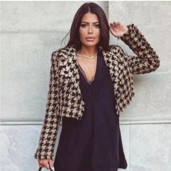 NWT ZARA Tweed Houndstooth Cropped Textured Blazer Jacket Women's Brown Size L - Picture 1 of 8